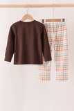 Brown deer applique plaid pants set