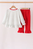 Red gingerbread house applique stripe ruffle pants set