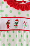 Green grinch embroidery ruffle dot romper