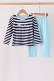 Blue train embroidery stripe pants set