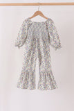 Blue floral smocked jumpsuit