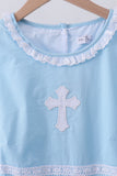Blue cross embroidery ruffle tiered dress