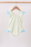 Yellow shell print bow ruffle swimsuit