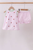 Pink stripe watermelon embroidery seersucker shorts set