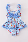 Blue sailboat print girl swimsuit