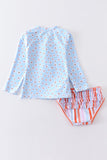 Blue floral print 2pc long sleeve rashguard swimsuit UPF50+
