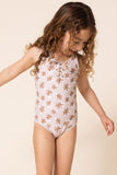 Brown floral print tie one piece girl swimsuit