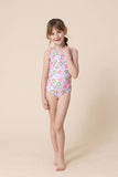 Floral print tie one piece girl swimsuit