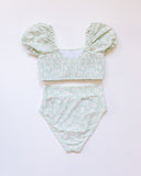 Daisy print smocked bikini 2pc women swimsuit