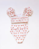 Cherry print smocked bikini 2pc women swimsuit