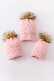 Pink cross cable knit pom pom beanie hat baby toddler adult